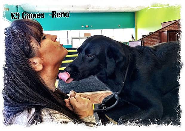 Susan Kijowski, co-founder of K9 Games Reno, with Nibbler.