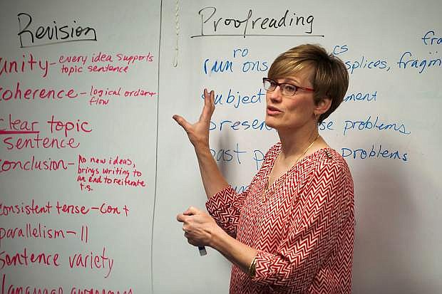 Instructor Kathryn Whitaker teaches an English class at Western Nevada College in Fallon, Nev., on Wednesday, March 25, 2015.