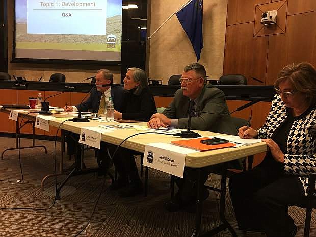 City council members listen to development plans and concerns of residents at the North Valleys Workshop Meeting held Feb. 28.