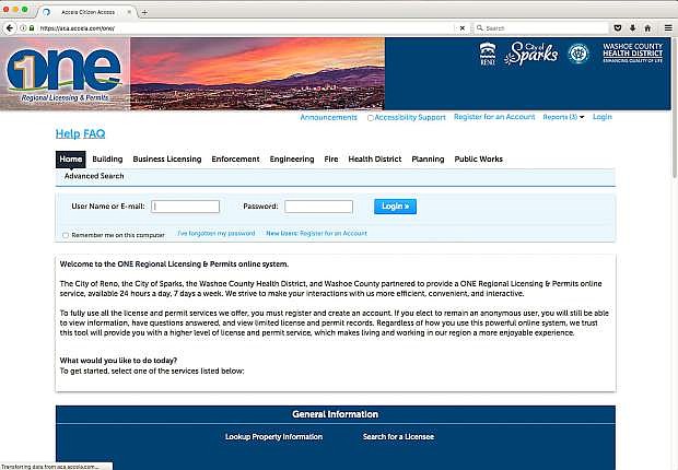 This screen shot shows the website for the ONE program, a joint effort by the cities of Reno and Sparks, Washoe County and Washoe County Health District to streamline the process to acquire business licenses and building permits.
