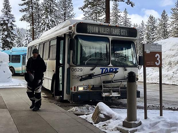 A single passenger gets off a TART bus at the Tahoe City Transit Center on Feb. 24.