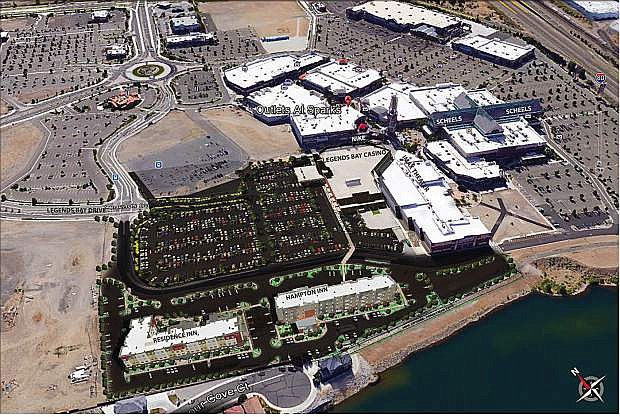 A rendering depicts an aerial view of of new hotel/casino development next to The Outlets at Sparks and the Sparks Marina.