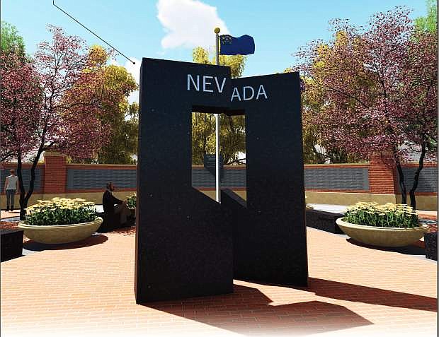 This granite monument planned for the Nevada Veterans Memorial plaza features a cutout of the outline of the state in the center. The monument slabs are split and offset to represent the disruption of the normal course life as veterans serve in the military.