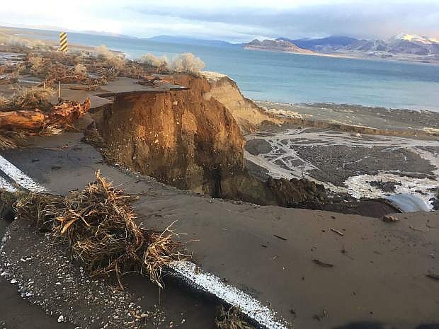 Nevada Department of Transportation crews repair State Route 446 in January. The roadway overlooking Pyramid Lake gave way from weather damage.