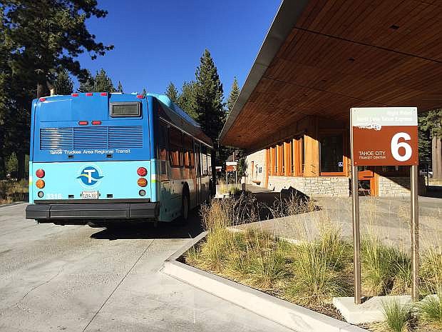 A bus pulls into the Tahoe City Transit Center on Aug. 8, 2016.
