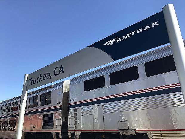 Amtrak&#039;s California Zephyr train arrives in Truckee, Calif. on April 29, 2017.