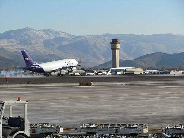 A FedEx plane takes off from the Reno-Tahoe International Airport.