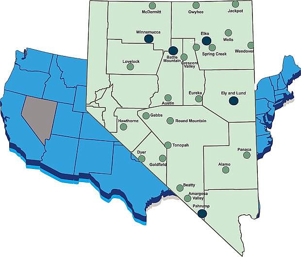 A map of Great Basin College&#039;s branch and satellite campuses throughout the state of Nevada.