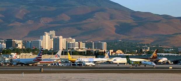 The Reno skyline is seen from the Reno-Tahoe International Airport.