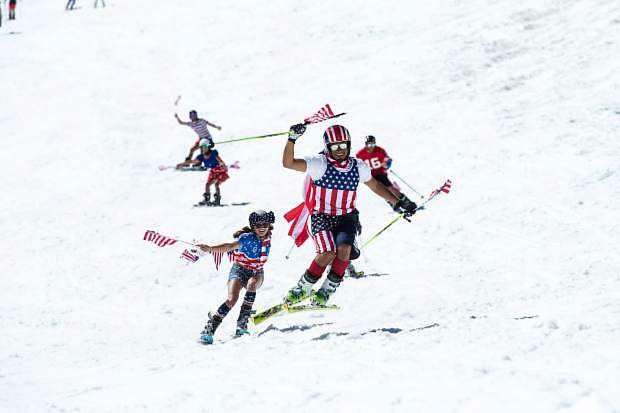 Skiers take advantage of one of Squaw Valley&#039;s four days of skiing during the 4th of July weekend. The resort remained open for two Saturday&#039;s after that, closing for the season on July 15.