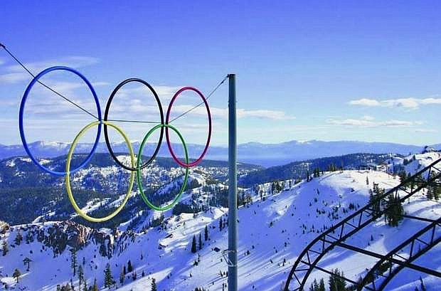 The Olympic Rings at High Camp, Squaw Valley. Lake Tahoe in the background.