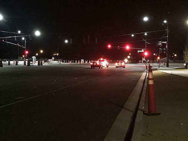 Then intersection of Pyramid Way and North McCarran Boulevard is seen prior to reopening at midnight.