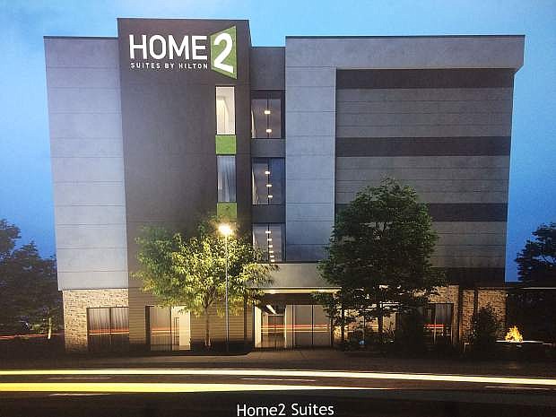 A rendering of what the new Home2 Suites by Hilton, being built by Laxmi Hotels LLC of Reno, will look like at McCarran Boulevard and Meadowood Mall Link.