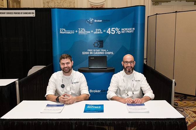 Staffing the booth for Broker Genius at a 2017 Las Vegas summit are Jason Crystal, left, director of operations, and Richard Cramer, directory of technology. The company has opened its West Coast office in Reno.