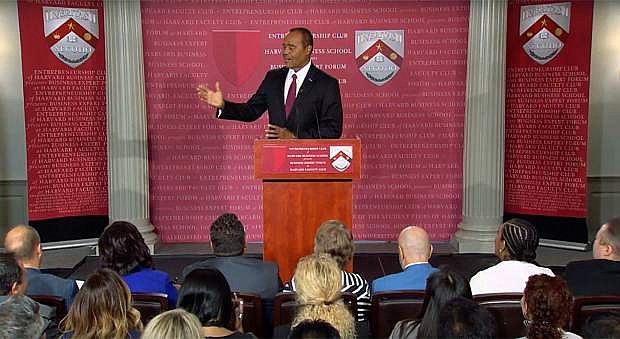Clifton Maclin speaking in August before an audience at the Harvard Business School.