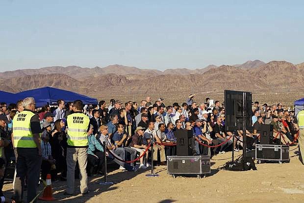 Officials and interested partners gather for a demonstration by NIAS partnered with first responders at the Henderson Unmanned Vehicle Range. The event demonstrated in front of attendees of the Commercial UAV Expo how drones can be used during emergencies.
