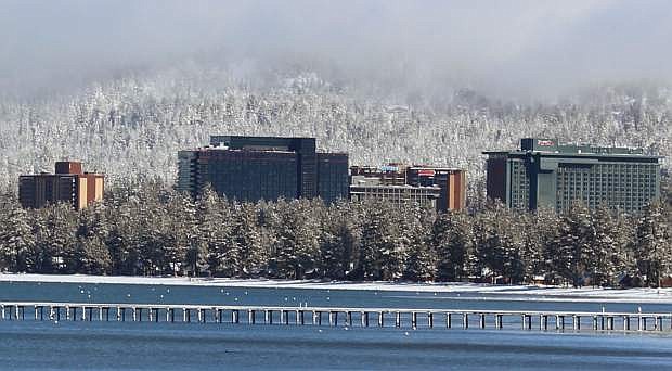 The Lake Tahoe south shore skyline after a recent snowfall.