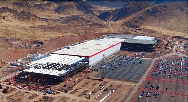 The Tesla Gigafactory in Tahoe Reno Industrial Center is seen under construction in 2016 in this file photo.