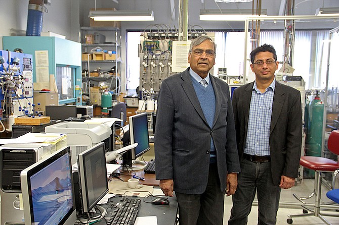 University of Nevada, Reno Professor Dhanesh Chandra, left, and Assistant Professor Sid Pathak of the Chemical and Materials Engineering Department, are pictured here in the X-ray and Thermal Science Lab at UNR.