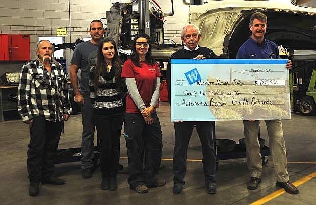 Students, from left, Tim Martin, Robert Tranquillo, Summer Avissanyx, Nova Lumadue join Garth Richards, second from right, and Automotive Mechanics instructor Jason Spohr for a donation ceremony last month at Western Nevada College.