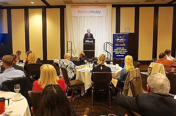 Terry Shirey discusses Nevada State Bank&#039;s fifth annual 2018 Small Business Survey during the NNBW&#039;s April Breakfast &amp; Business event on April 5 at the Atlantis Resort Spa Casino.