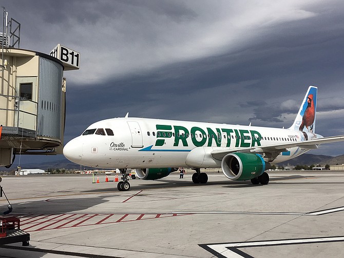 The inaugural flight of Frontier Airlines route between Austin, Texas, and Reno, lands in Reno on April 10.