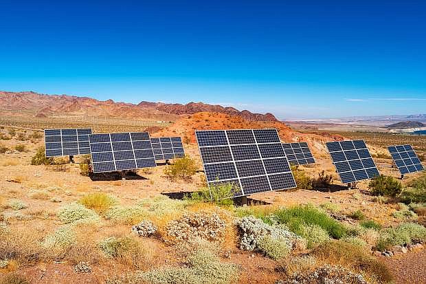 Solar panels sit on a solar farm at Lake Mead National Recreation Area in Southern Nevada, east of Las Vegas.