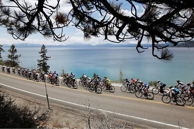 Riders make their way around Lake Tahoe during Stage 1 of the 2015 Amgen Tour of California women&#039;s race.
