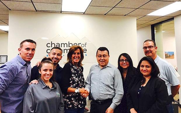 The Reno + Sparks Chamber of Commerce and the Latin American Chamber of Business announced their merger on June 26. From left: Taylor Russo, Luis Jacquez, Ann Silver, Andres Garcia, Emma Guzman, Felipe Estrada, Silvia Diaz and Angela Medina.