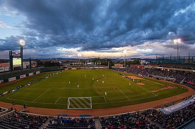 A panoramic view of the exhibition soccer match between Liverpool FC U21s and Sacramento Republic FC on May 25, 2016 at Reno&#039;s Greater Nevada Field.