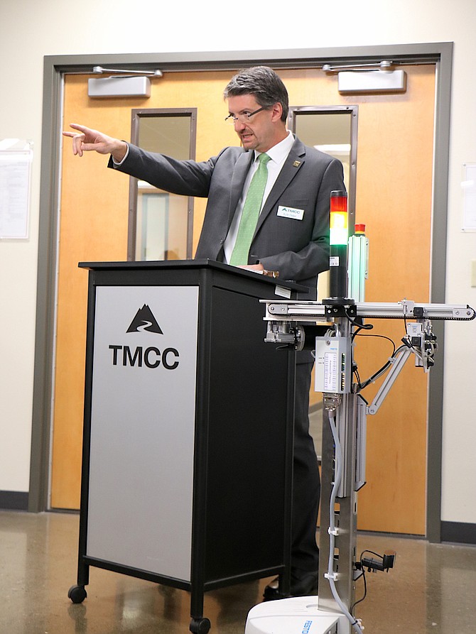 Kyle Dalpe, dean of TMCC&#039;s Technical Sciences Division, speaks during a press conference introducing the school&#039;s new advanced manufacturing lab on Wednesday, Oct. 24. 