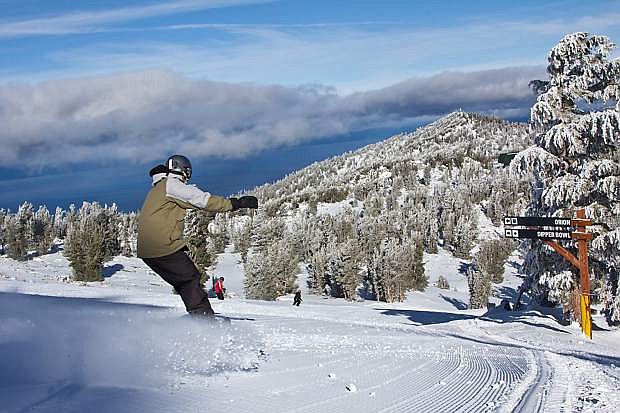 A snowboarder makes turns Monday at Heavenly Mountain Resort on Lake Tahoe&#039;s South Shore.