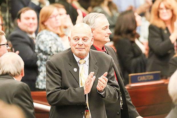 Assemblyman Jim Wheeler, R-Gardnerville, applauds during Gov. Sisolak&#039;s State of the State Address on Jan. 17 in Carson City.