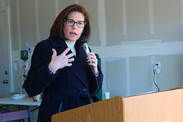 Sen. Catherine Cortez Masto gives her address as the keynote speaker at a celebration of the completion of the first phase of Gold Country Estates in Dayton Saturday.
