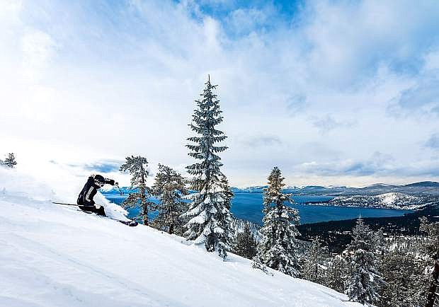 A skier slashes through fresh powder down the Crystal Lakeview run at Diamond Peak Ski Resort in February.