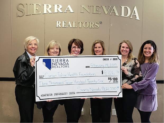 From left, Kitty McKay, director of Care Experience and Foundation Development, Carson Tahoe Health; Cheryl Smith, CEO of Sierra Nevada Realtors; Sandee Smith, past SNR president and Realtor, Realty Executives Nevada&#039;s Choice; Leslie Cain, SNR president and Realtor, RE/MAX Realty Affiliates; Christine Burau, Business Development, Western Title and head of SNR Community Outreach Committee; and Amy Hyne-Sutherland, Foundation Development Officer, Carson Tahoe Health.