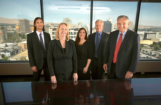 From left, David Schaper, Leslie Daane, Teela McCullar, Mike Davis and Dick Barnard inside the Barnard Vogler &amp; Co. offices in Reno.