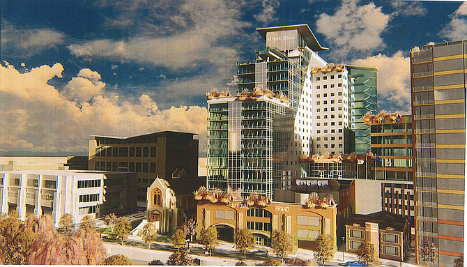 A rendering of the 20-story luxury hotel CAI Investments is proposing for downtown Reno. 
