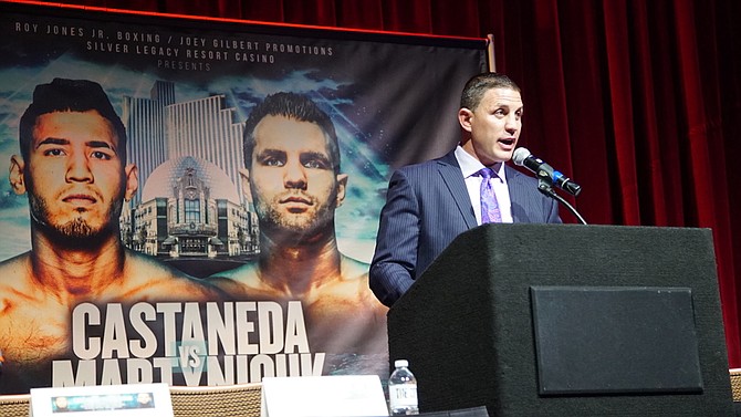 Joey Gilbert speaks during the press conference announcing the Oct. 25 fight card at the Silver Legacy, headlined by Kendro Castaneda vs. Stan Martyniouk.