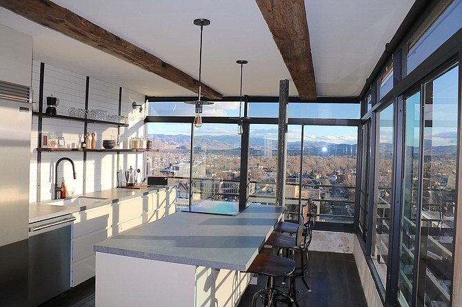 The chef&#039;s kitchen inside PKL Homes&#039; short-term rental penthouse in downtown Reno. 