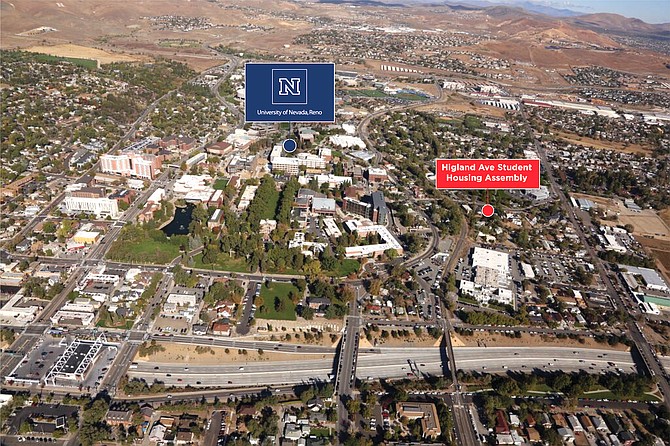 An overhead view of the Highland Ave Student Housing Assembly parcels recently sold, showing their proximity to UNR.