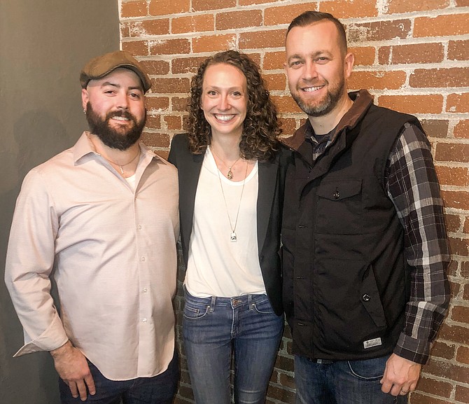 From left, Eli Block and Candi Block, along with Brandon Gottier (app developer, of Right Hearted Weddings and owner of BDG Web Design, at the Jan. 21 launch party.