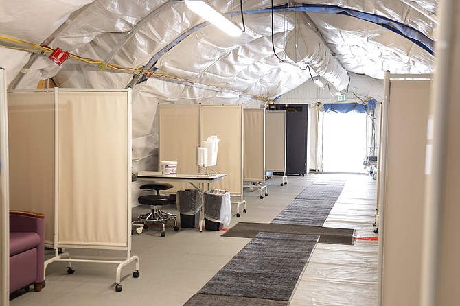 The inside of a tent set up to treat respiratory patients at Renown Regional Medical Center in Reno on Thursday, March 12, 2020.