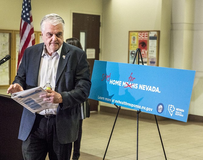 Nevada Gov. Steve Sisolak steps away from the podium after an update on coronavirus during a news conference in  Las Vegas on Tuesday, March 17, 2020.