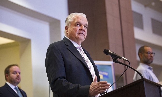 Nevada Gov. Steve Sisolak discusses measures to help the public with housing stability amid the COVID-19 public health crisis at the Grant Sawyer Building in Las Vegas, Sunday, March 29, 2020.