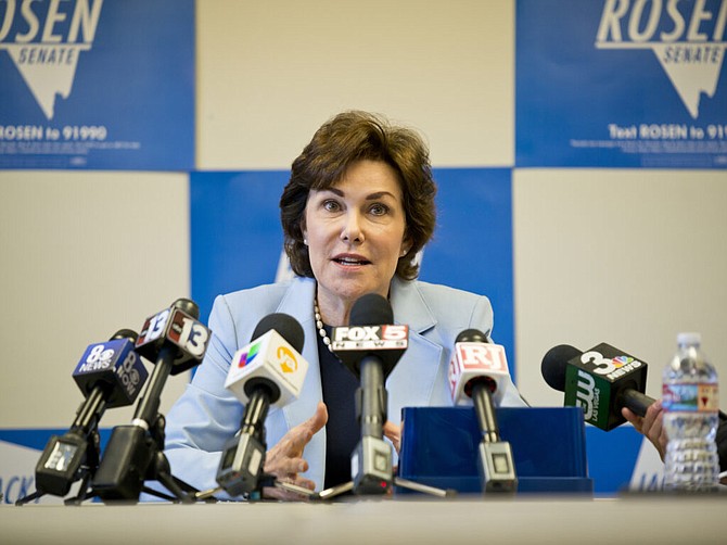 Congresswoman and Senator-elect Jacky Rosen speaks with media at the Nevada State Democratic Party headquarters in Las Vegas on Friday, Nov. 9, 2018.