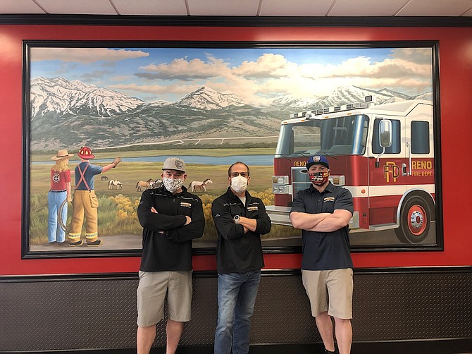 From left, Firehouse Subs Operations Director Anthony Kingsland, Reno Franchisee Damon Kreizenbeck and Area Manager Joel Anderson at the new location in Damonte Ranch.