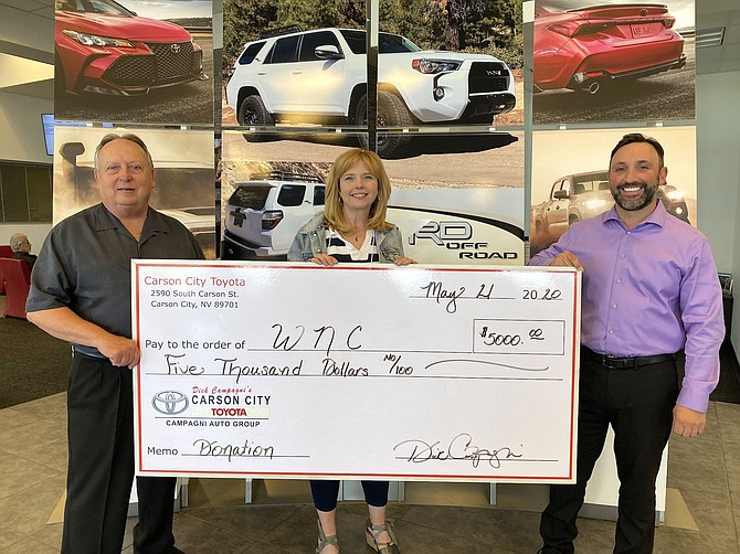 From left, Carson City Toyota former General Manager Dana Whaley, WNC Executive Director of Institutional Development Niki Gladys and Carson City Toyota General Manager Jeff Campagni.
