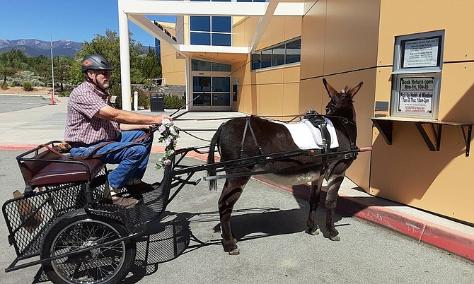 A horse-drawn carriage approaches a book return location that is part of the Washoe County Library System.
