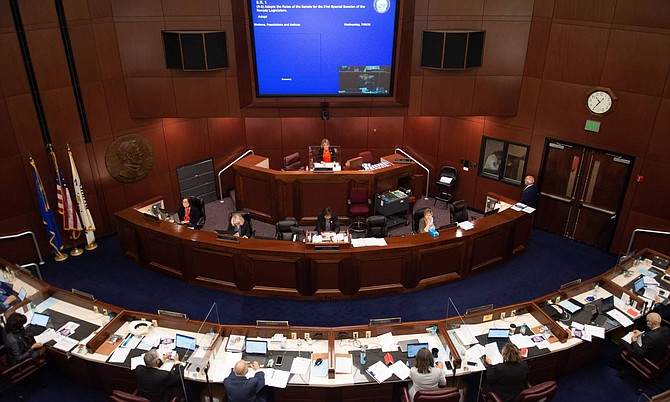 The Nevada State Senate chambers on the first day of the 31st Special Session of the Nevada Legislature in Carson City, Nev., on Wednesday, July 8, 2020.